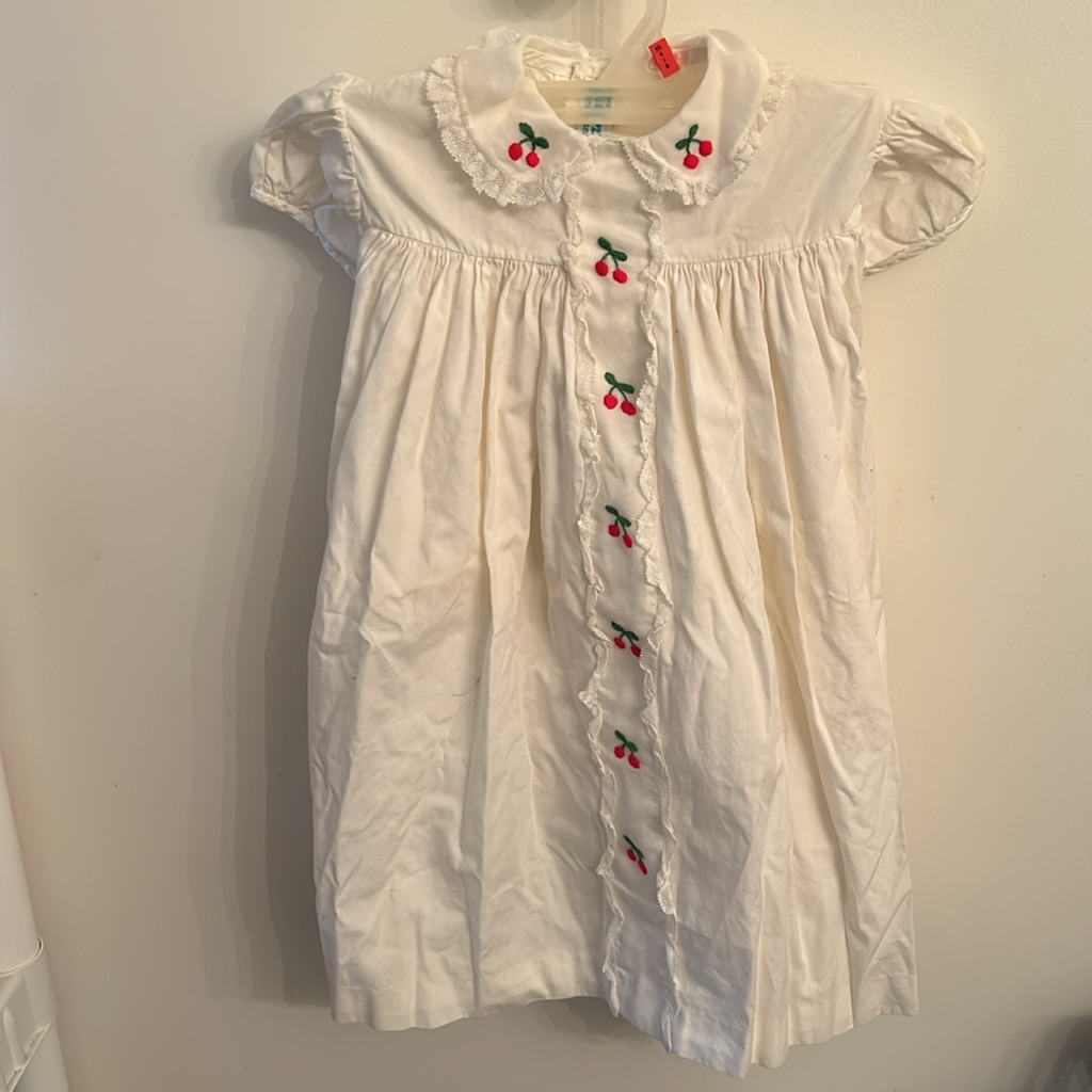 Twinx Brand Mid Century Designed Baby Dress White Cotton With Cherries